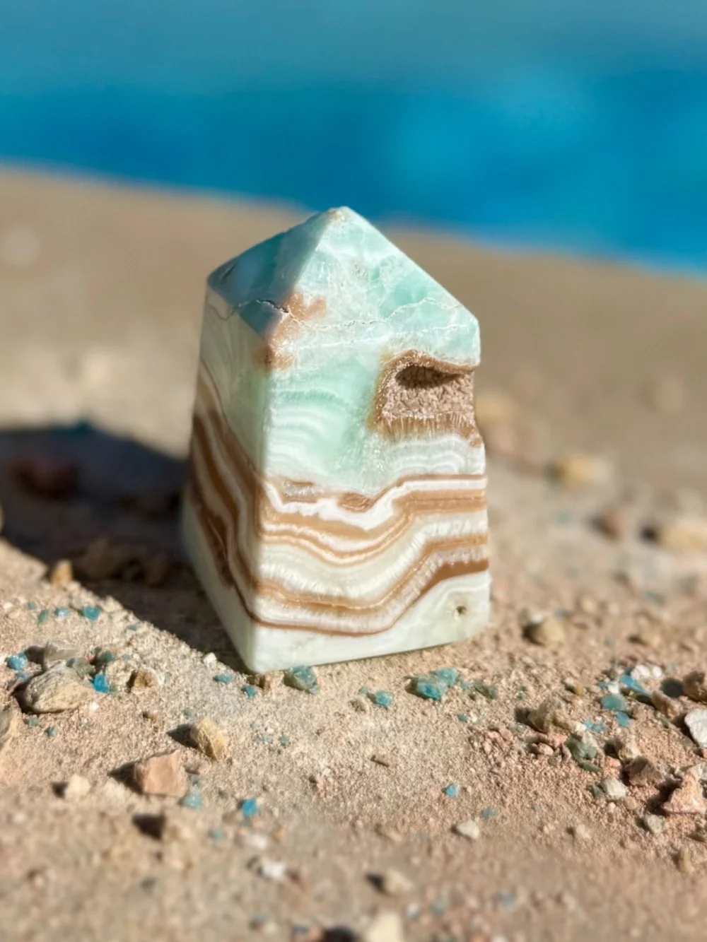 AAA Caribbean Blue Green Banded Aragonite Calcite Crystal Tower
